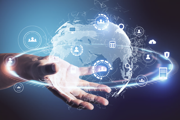 Benefits of digital transformation represented by a connected digital globe with business, technology and communication icons.