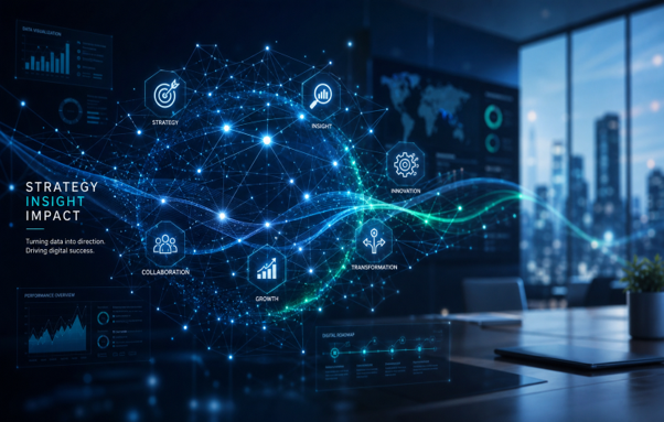 Digital Transforming consulting represented by a connected business technology network showing strategy, innovation, collaboration and digital transformation.